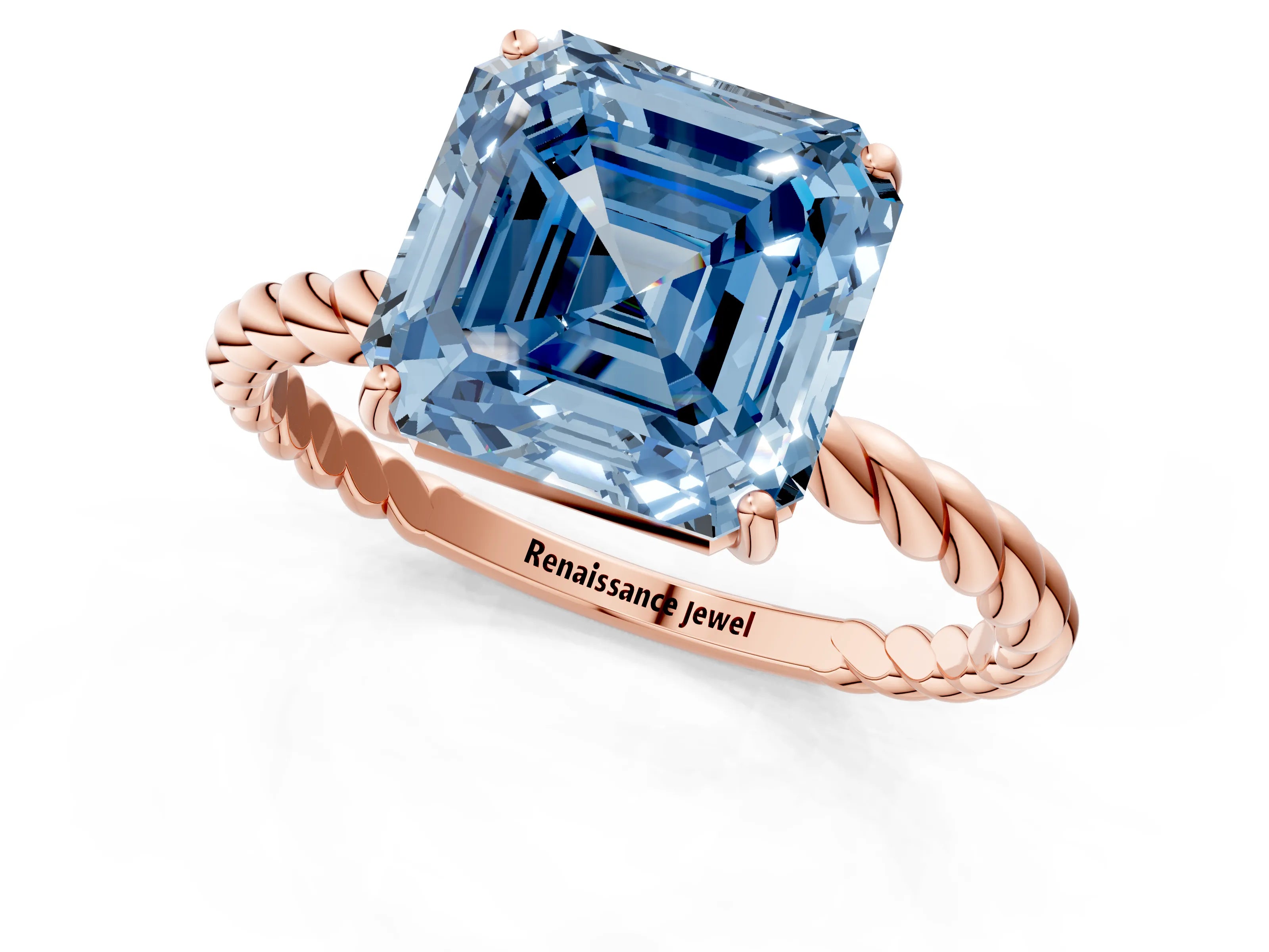 Rose gold Fancy Blue Asscher Cut Solitaire Twisted Band 4-Prong Ring_1