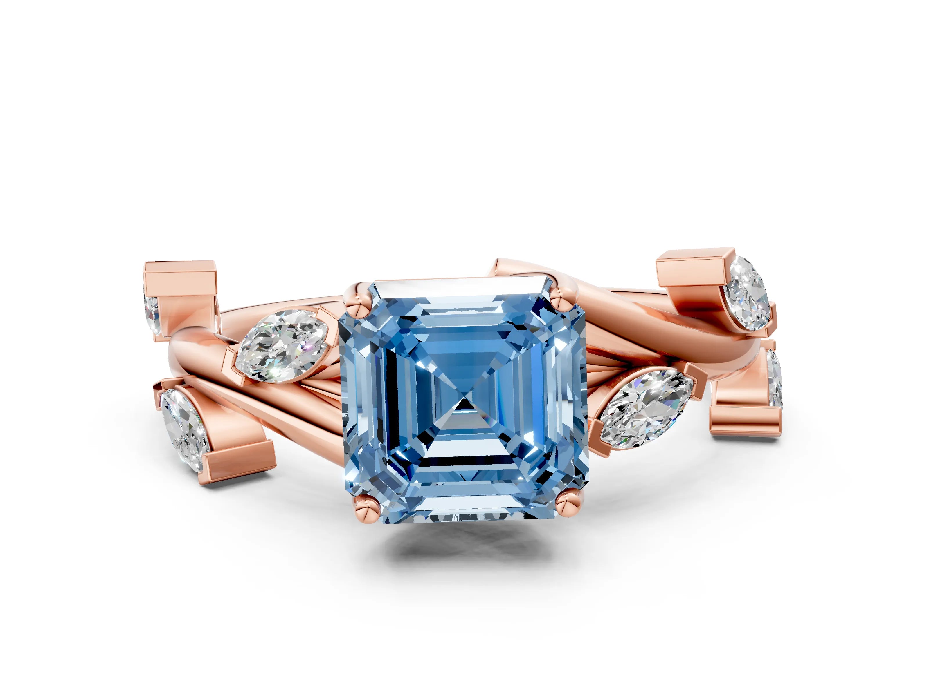 Rose gold Fancy Blue Asscher Cut Solitaire Twisted Band Marquise Accent Prong Setting Ring