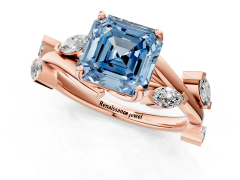 Rose gold Fancy Blue Asscher Cut Solitaire Twisted Band Marquise Accent Prong Setting Ring_1