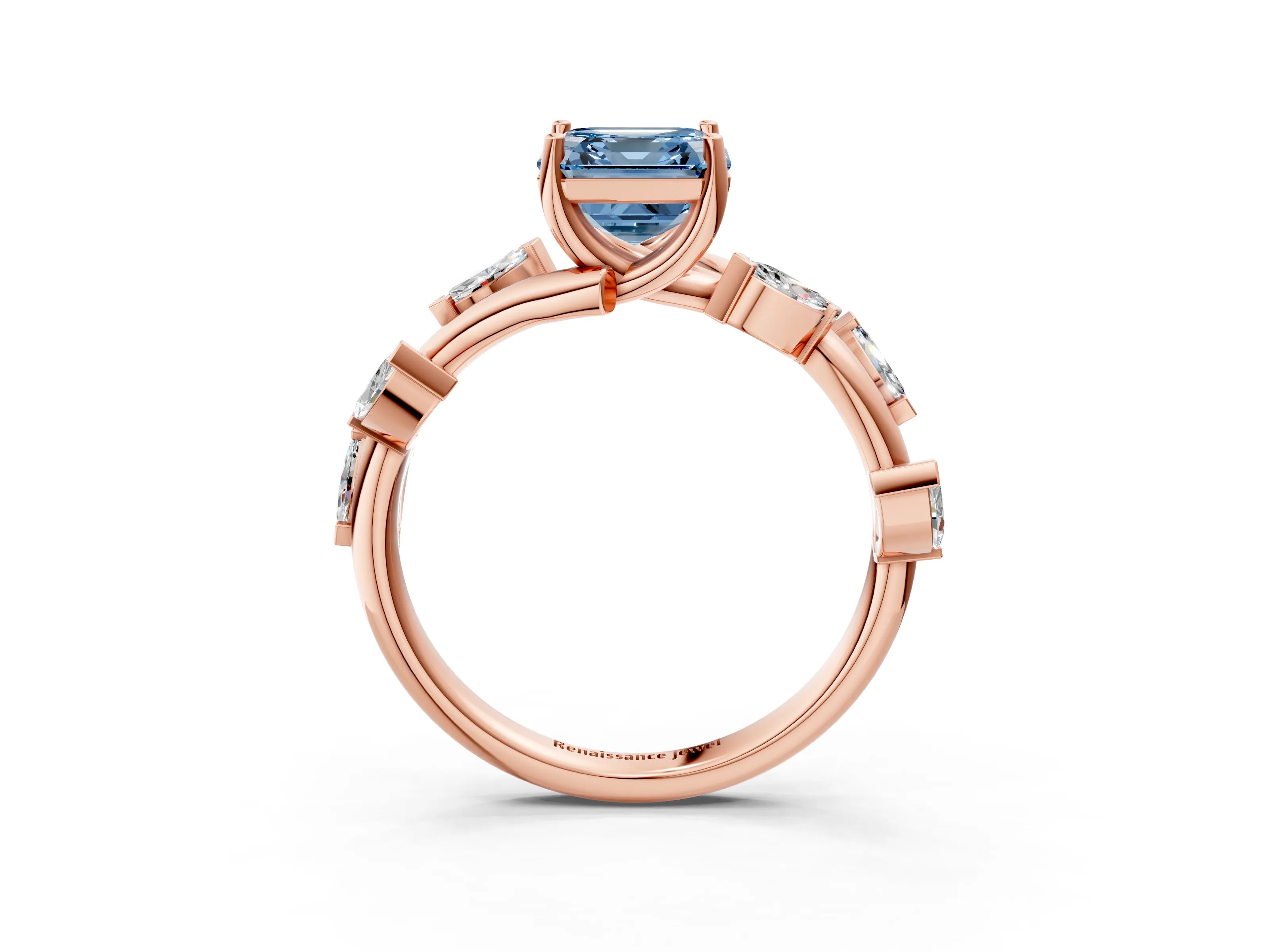 Rose gold Fancy Blue Asscher Cut Solitaire Twisted Band Marquise Accent Prong Setting Ring_3