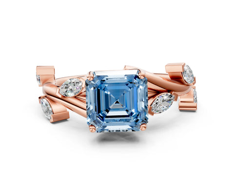 Rose gold Fancy Blue Asscher Cut Solitaire Twisted Band Marquise Accent Prong Setting Ring