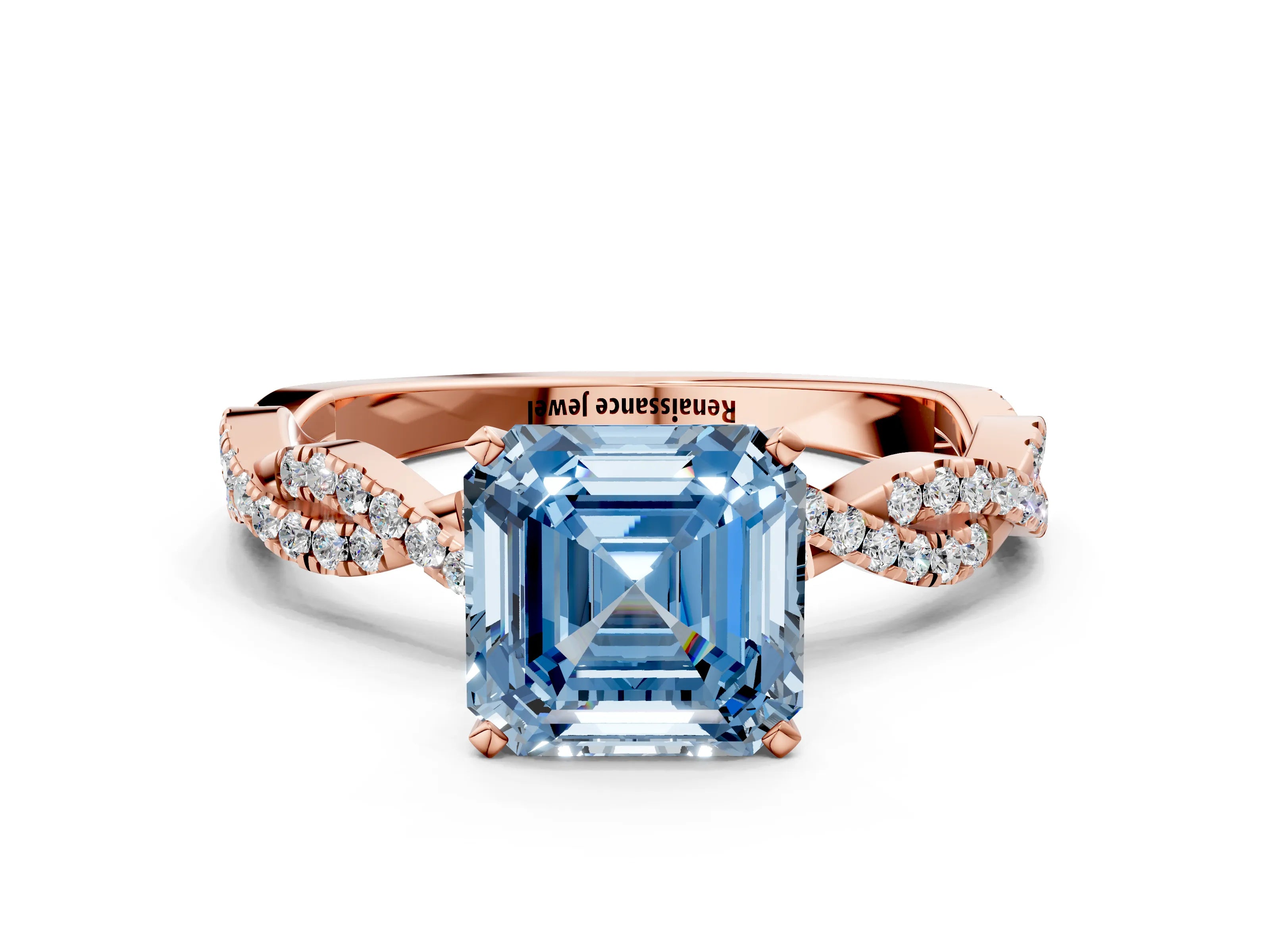 Rose gold Fancy Blue Asscher Cut Solitaire Twisted Pave Band with Four-Prong Setting_3