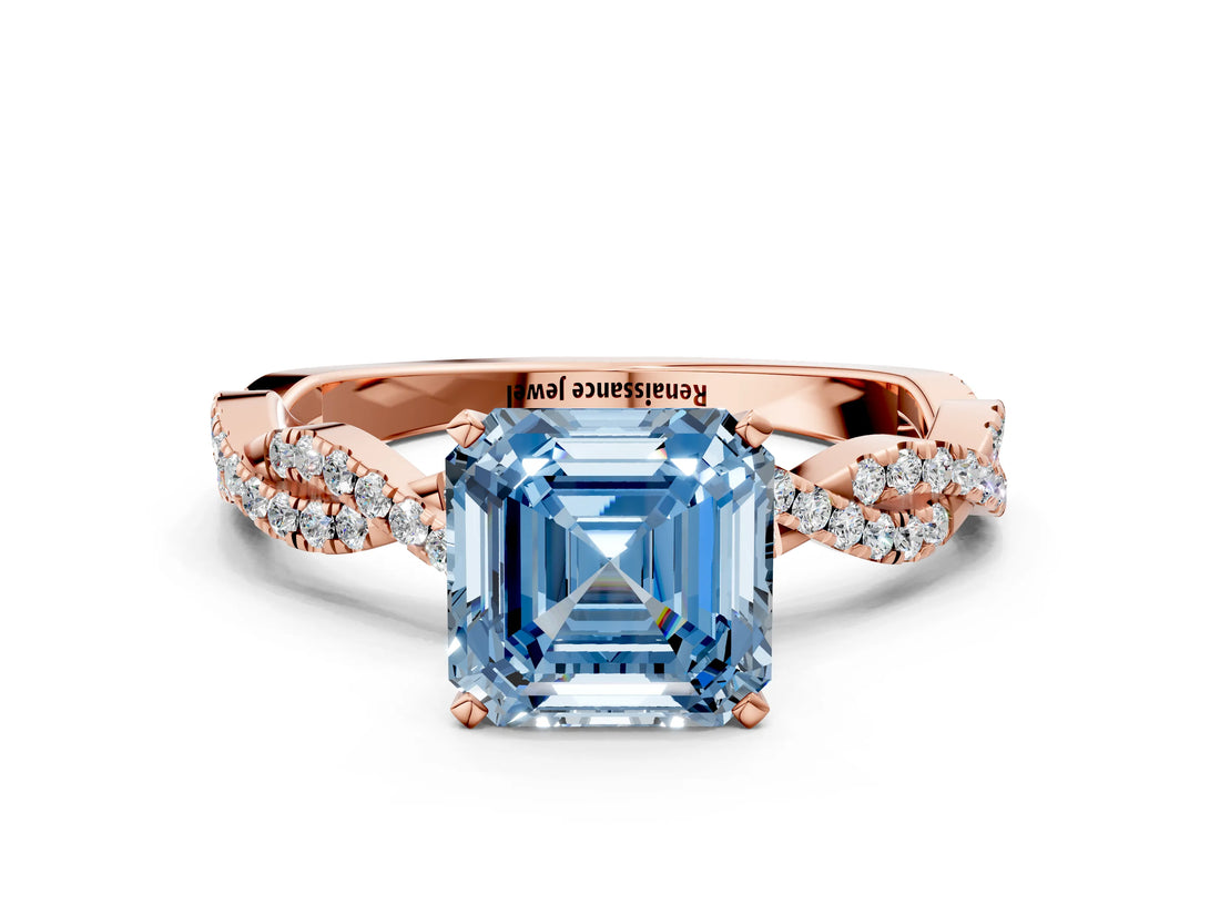 Rose gold Fancy Blue Asscher Cut Solitaire Twisted Pave Band with Four-Prong Setting_3