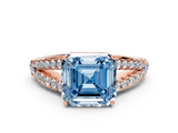 Rose gold Fancy Blue Asscher  Cut Split Shank Pave Diamond Engagement Ring with Four-Prong Setting