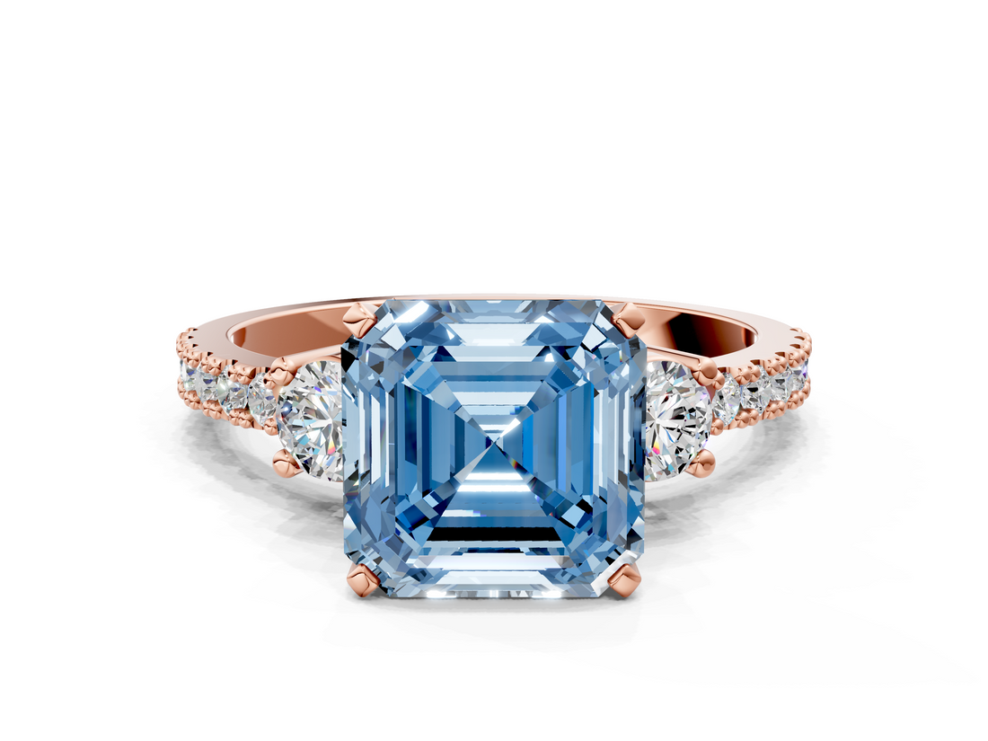 Rose gold Fancy Blue Asscher  Cut Three-Stone Diamond Pavé Band with Prong Setting_17