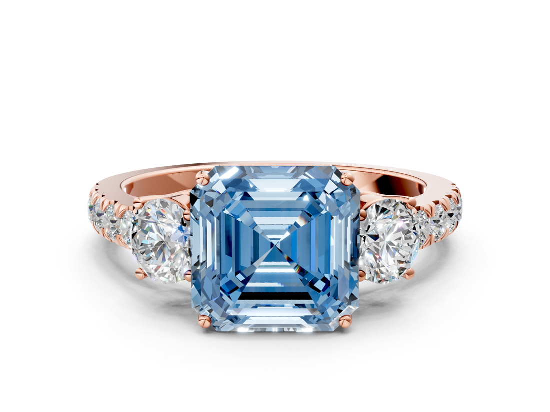 Rose gold Fancy Blue Asscher  Cut Three-Stone Diamond Pave Band with Prong Setting_51