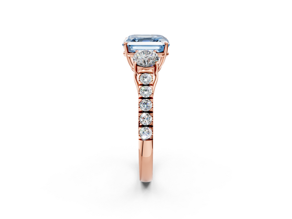 Rose gold Fancy Blue Asscher  Cut Diamond Three-Stone Ring with Round Side Stones and Pavé Band