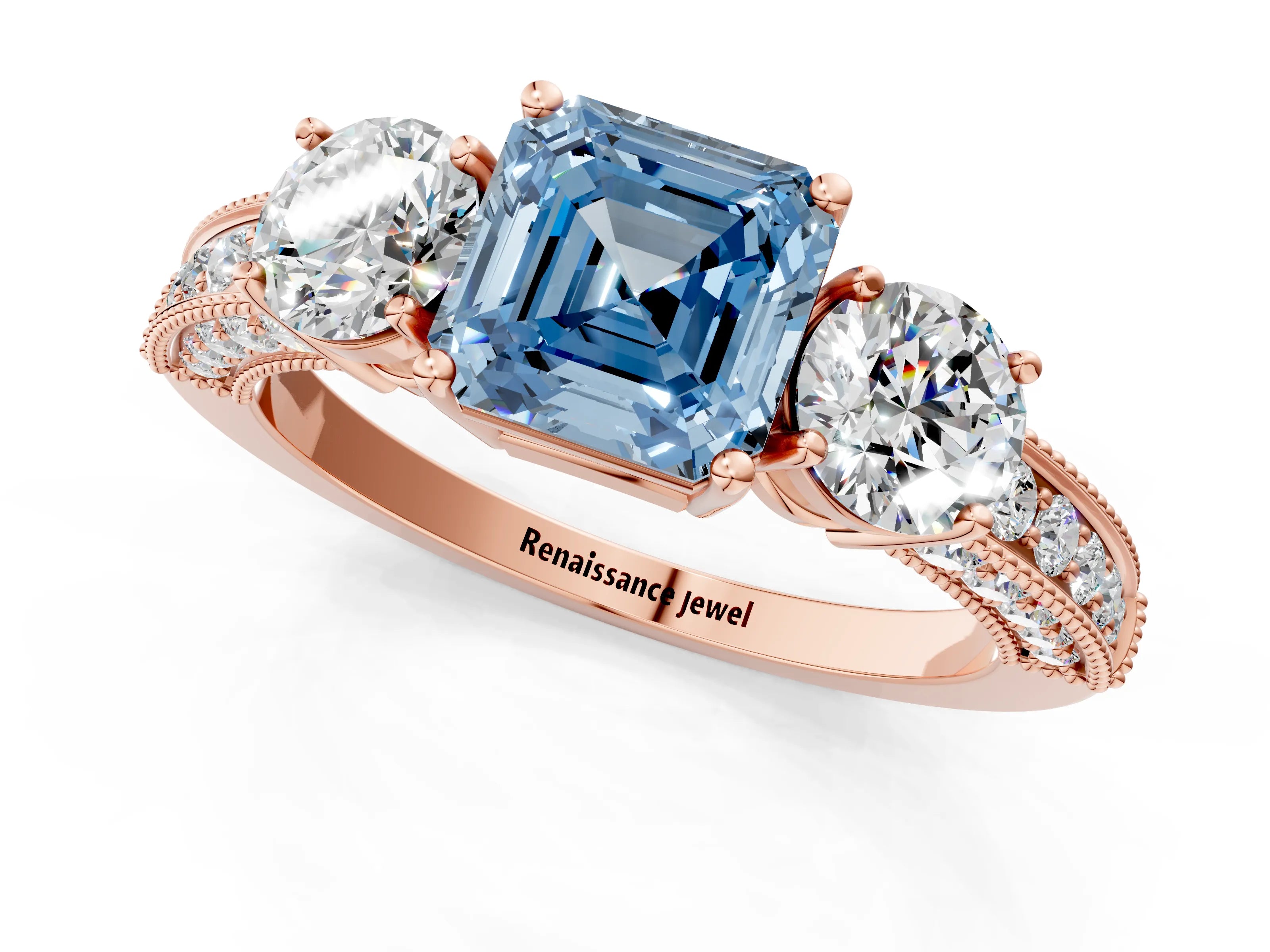 Rose gold Fancy Blue Asscher Cut Three-Stone Diamond Ring with Pavé Band and Four-Prong Setting_1