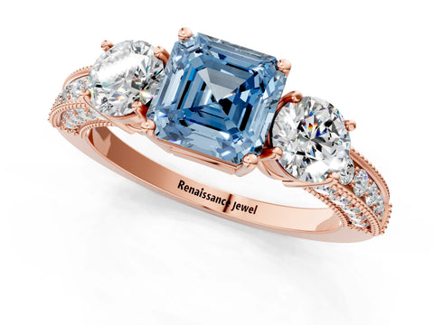 Rose gold Fancy Blue Asscher Cut Three-Stone Diamond Ring with Pavé Band and Four-Prong Setting_1