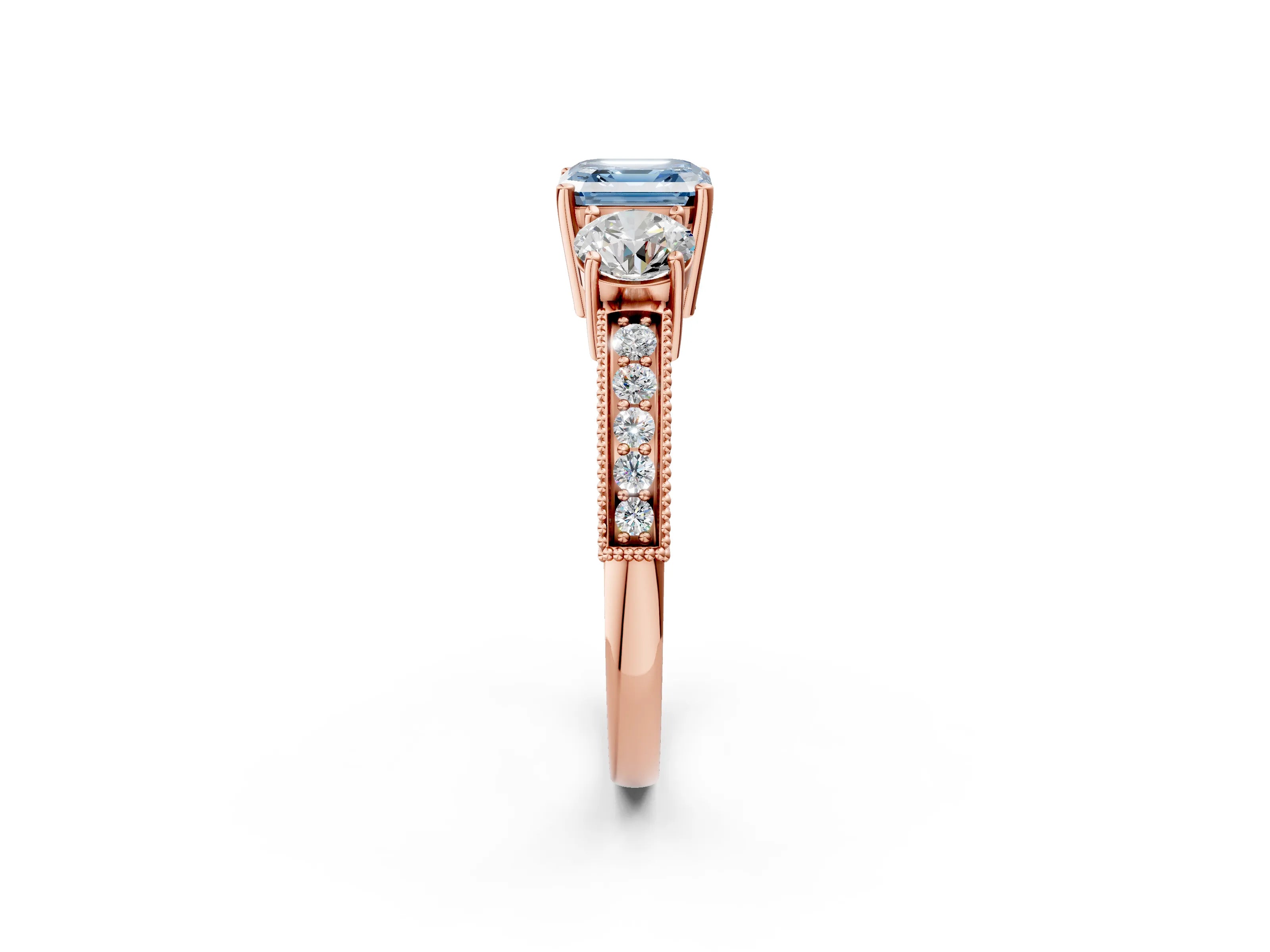 Rose gold Fancy Blue Asscher Cut Three-Stone Diamond Ring with Pavé Band and Four-Prong Setting_2