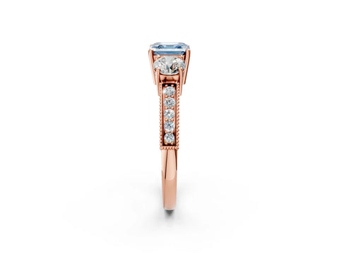 Rose gold Fancy Blue Asscher Cut Three-Stone Diamond Ring with Pavé Band and Four-Prong Setting_2
