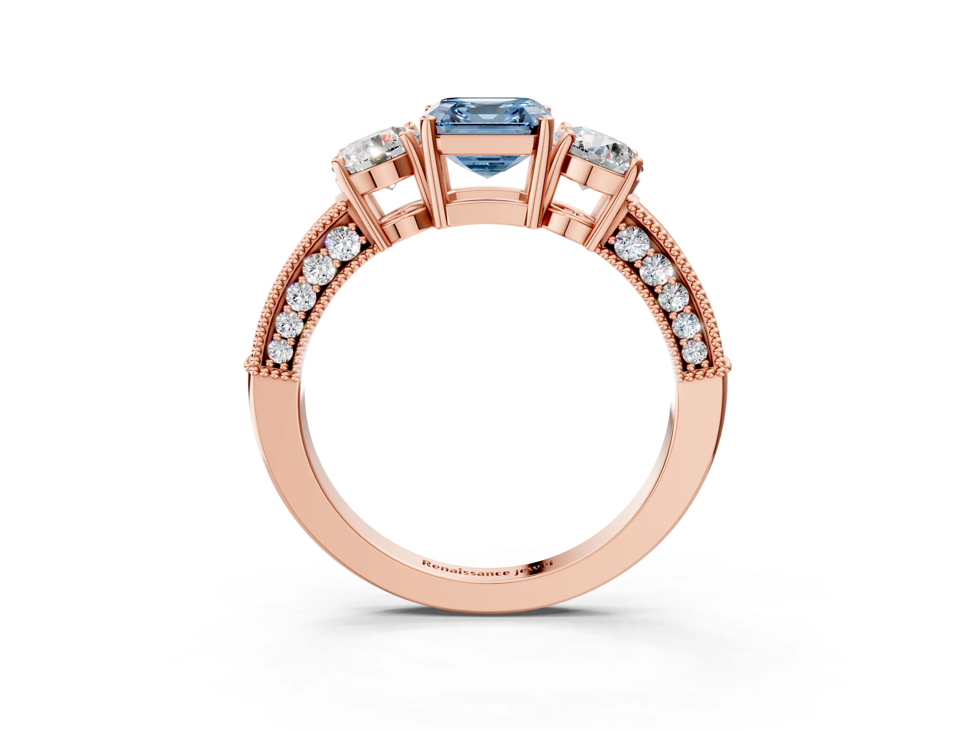 Rose gold Fancy Blue Asscher Cut Three-Stone Diamond Ring with Pavé Band and Four-Prong Setting_3