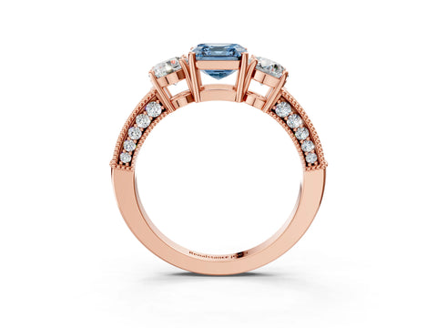 Rose gold Fancy Blue Asscher Cut Three-Stone Diamond Ring with Pavé Band and Four-Prong Setting_3