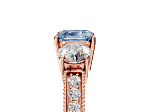 Rose gold Fancy Blue Asscher Cut Three-Stone Diamond Ring with Pavé Band and Four-Prong Setting_5