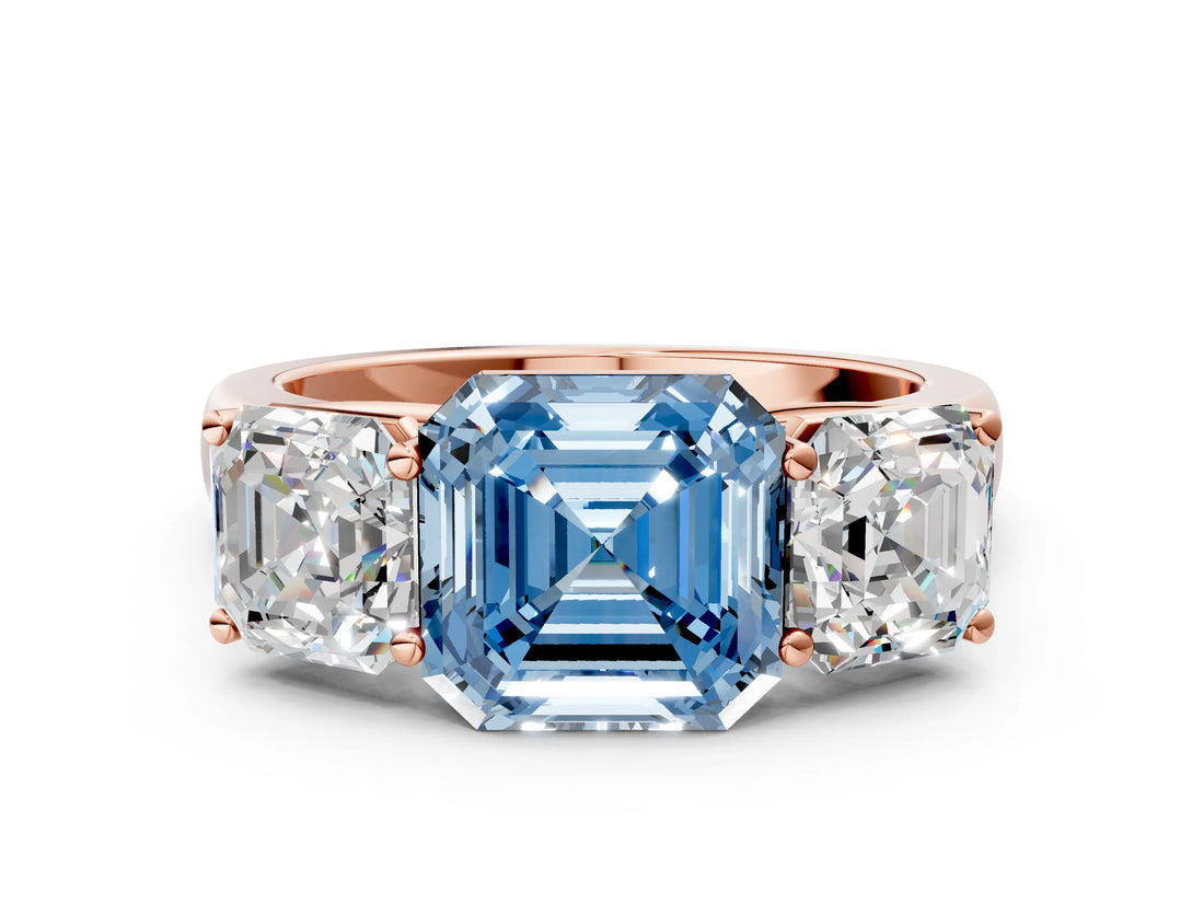 Rose gold Fancy Blue Asscher Cut Three-Stone Diamond Ring with Prong Setting on a Classic Band_12