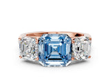 Rose gold Fancy Blue Asscher Cut Three-Stone Diamond Ring with Prong Setting on a Classic Band_12