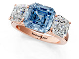 Rose gold Fancy Blue Asscher Cut Three-Stone Diamond Ring with Prong Setting on a Classic Band_13