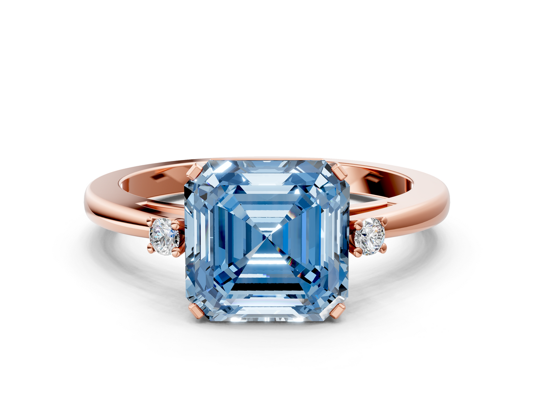 Rose gold Fancy Blue Asscher  Cut Three-Stone Solitaire Ring with Round Accent Diamonds and Four-Prong Setting_37