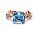 Rose gold Fancy Blue Asscher  Cut Twisted Pavé Band Solitaire Ring with Four-Prong Setting