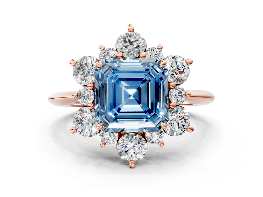 Rose gold Fancy Blue Asscher  Diamond Cluster Halo Ring with Solitaire Band and Four-Prong Setting