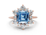 Rose gold Fancy Blue Asscher  Diamond Cluster Halo Ring with Solitaire Band and Four-Prong Setting