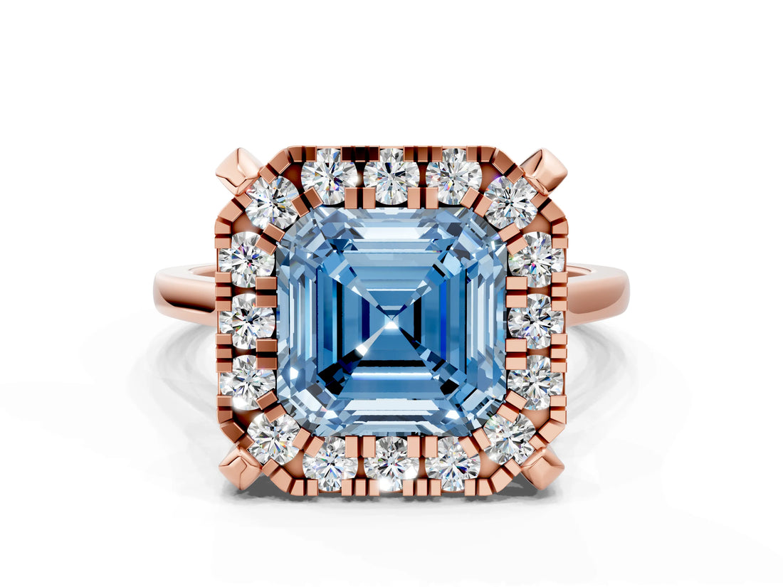 Rose gold Fancy Blue Asscher  Diamond Cluster Halo Solitaire with Four-Prong Setting_142