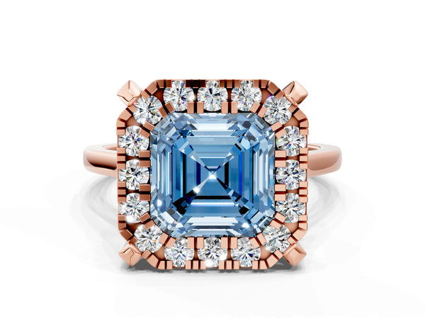 Rose gold Fancy Blue Asscher  Diamond Cluster Halo Solitaire with Four-Prong Setting