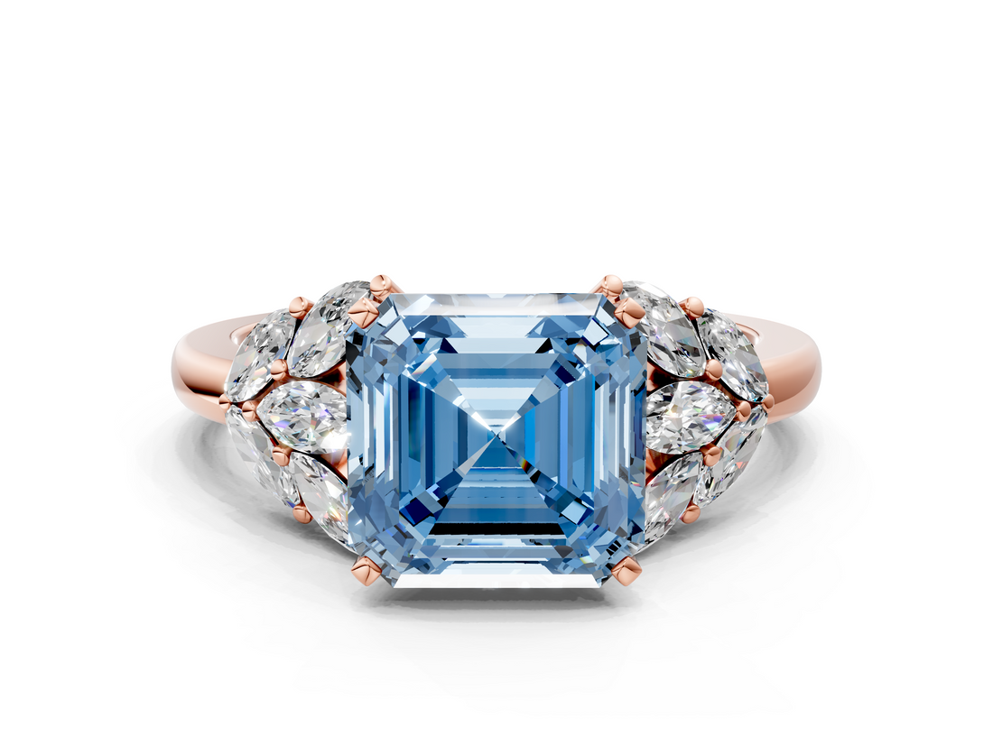 Rose gold Fancy Blue Asscher  Diamond Cluster Leaf Design Ring with Prong Setting_17
