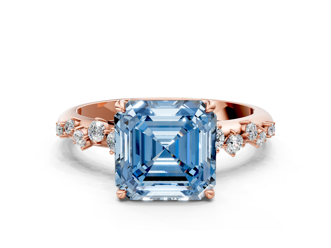 Rose gold Fancy Blue Asscher  Diamond Cluster Prong-Set Solitaire Ring