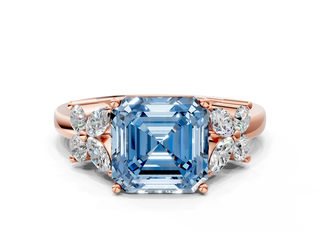 Rose gold Fancy Blue Asscher  Diamond Floral Cluster Ring with Solitaire Band and Prong Setting