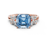 Rose gold Fancy Blue Asscher  Diamond Floral Cluster Ring with Solitaire Band and Prong Setting