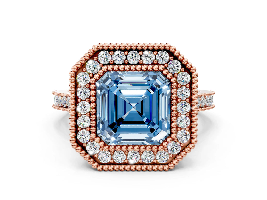 Rose gold Fancy Blue Asscher  Diamond Halo Ring with Milgrain Frame and Pavé Band_94