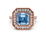 Rose gold Fancy Blue Asscher  Diamond Halo Ring with Milgrain Frame and Pavé Band_94