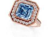 Rose gold Fancy Blue Asscher  Diamond Halo Ring with Milgrain Frame and Pavé Band_95