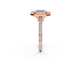 Rose gold Fancy Blue Asscher  Diamond Halo Ring with Milgrain Frame and Pavé Band_96