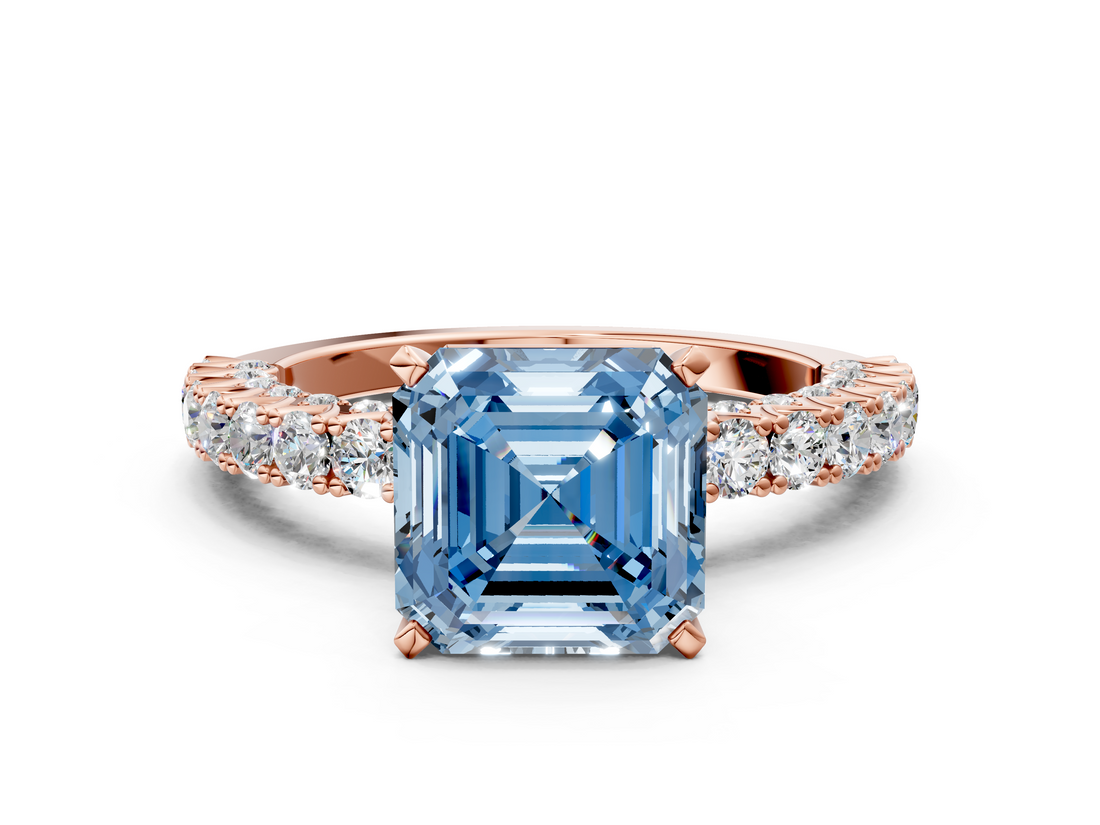 Rose gold Fancy Blue Asscher  Diamond Pavé Band Solitaire Ring with Four-Prong Setting