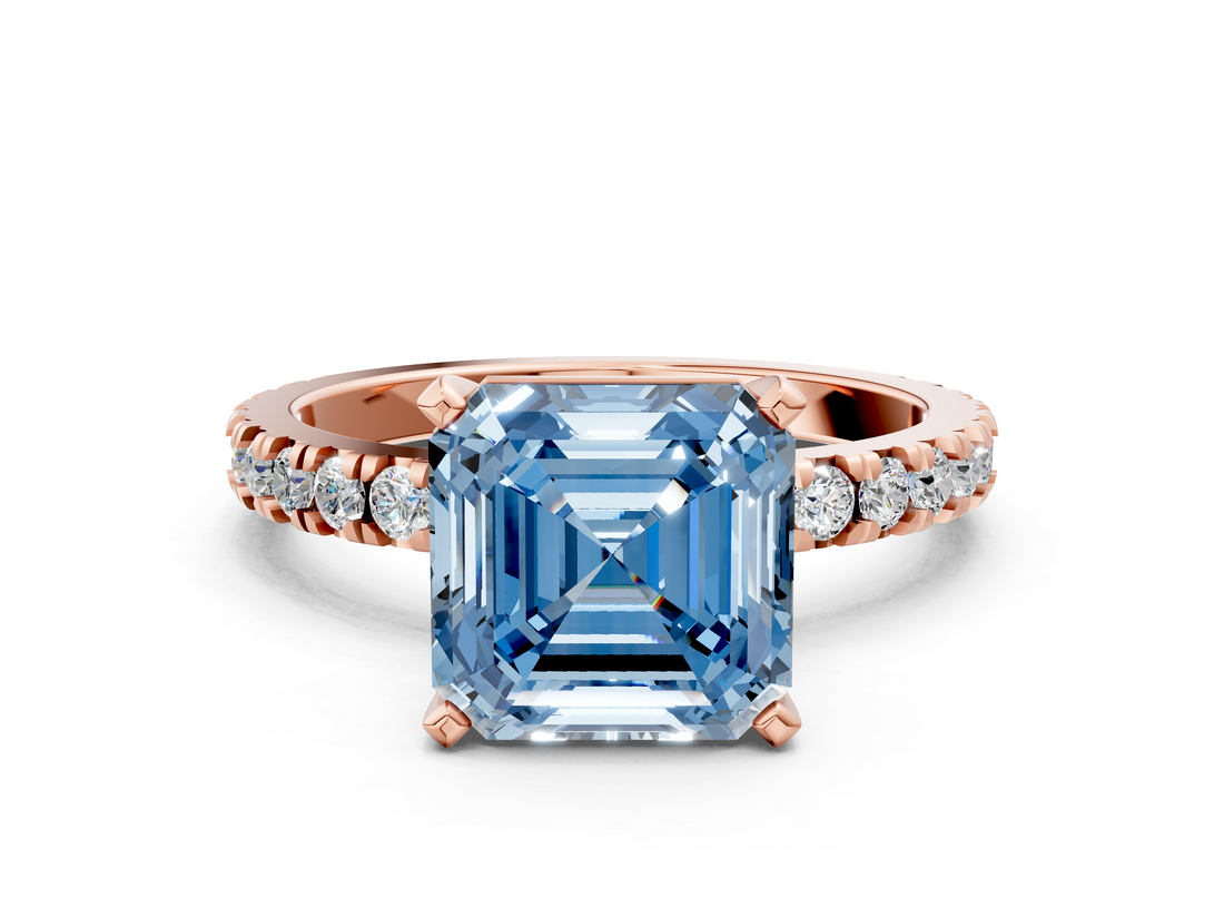 Rose gold Fancy Blue Asscher  Diamond Pavé Band Solitaire with Four-Prong Setting