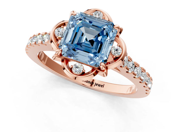 Rose Gold Asscher Cut Floral Petal Pave Engagement Ring Setting for Fancy Blue Center