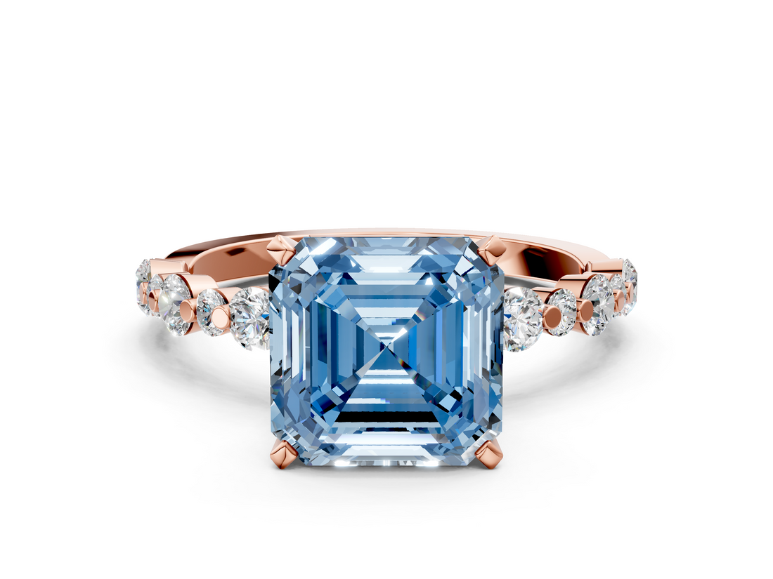 Rose gold Fancy Blue Asscher  Diamond Prong Set Engagement Ring with Pave Band_16