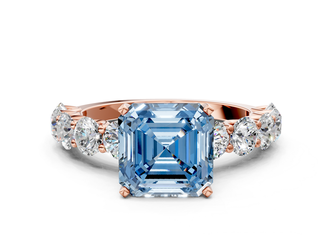 Rose gold Fancy Blue Asscher  Diamond Prong Setting with Side Stones on a Pave Band