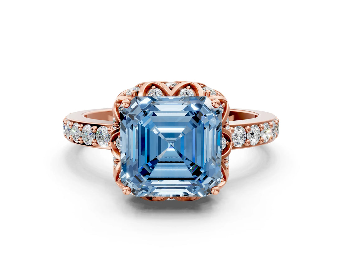 Rose gold Fancy Blue Asscher  Diamond Solitaire Ring with Shared Prong Pavé Band_15