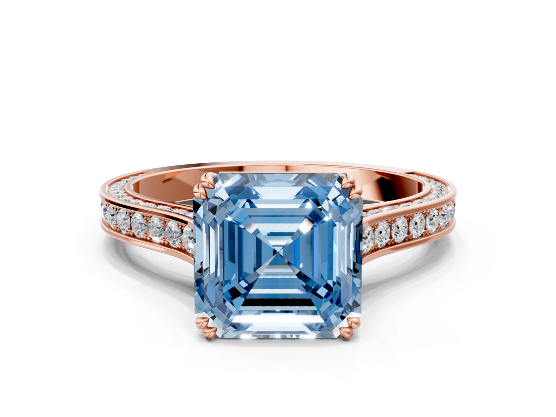 Rose gold Fancy Blue Asscher  Diamond Solitaire with Pave Band and Six-Prong Setting_54
