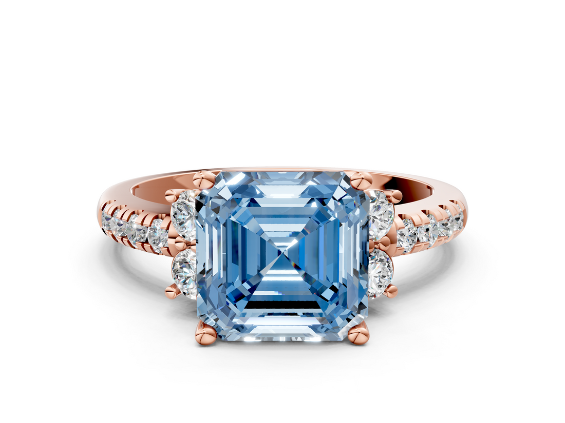 Rose gold Fancy Blue Asscher  Diamond Three-Stone Pave Band with Four-Prong Setting_16