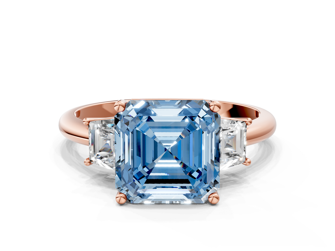 Rose gold Fancy Blue Asscher  Diamond Three-Stone Ring with Trapezoid Side Stones and Prong Setting_51