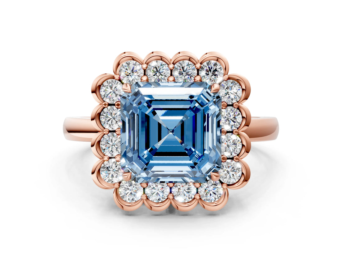 Rose gold Fancy Blue Asscher  Halo Cluster Diamond Engagement Ring with Solitaire Band and Prong Setting_24