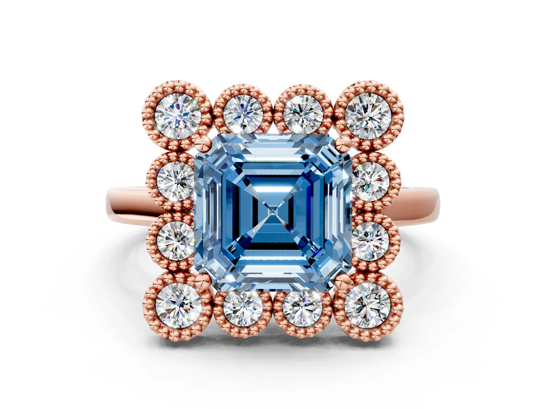 Rose gold Fancy Blue Asscher  Halo Diamond Cluster Engagement Ring with Milgrain Bezel Setting and Solitaire Band_27