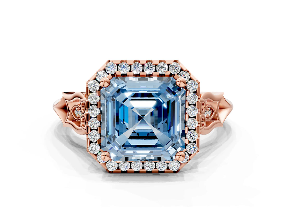 Rose gold Fancy Blue Asscher  Halo Diamond Engagement Ring with Filigree Band and Four-Prong Setting_69