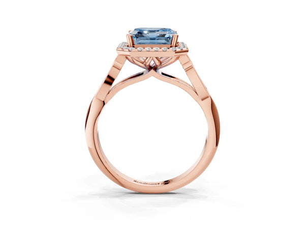 Rose gold Fancy Blue Asscher  Halo Diamond Engagement Ring with Filigree Band and Four-Prong Setting