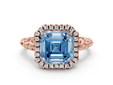 Rose gold Fancy Blue Asscher  Halo Diamond Engagement Ring with Intricate Filigree Band and Four-Prong Setting_17
