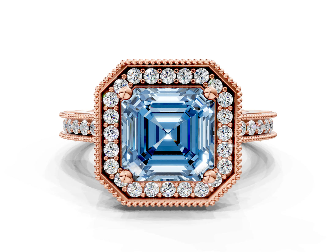 Rose gold Fancy Blue Asscher  Halo Diamond Engagement Ring with Milgrain Pave Band and Four-Prong Setting_75